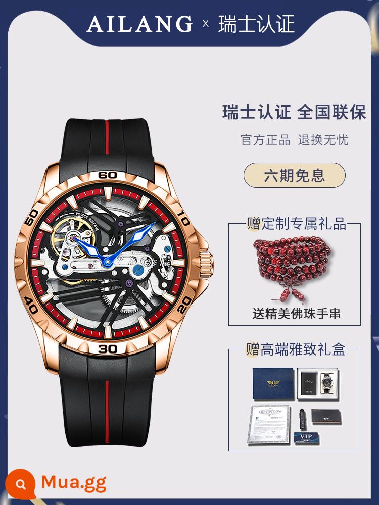 Đồng Hồ Chính Hãng Thụy Sĩ Tourbillon Rỗng Nam Siêu Mỏng 2023 Đồng Hồ Cơ Tự Động Mới Đồng Hồ Nam Công Nghệ Đen - Băng silicon_Vòng tròn màu đỏ vỏ hoa hồng (Bộ chuyển động rỗng mới, dây đeo bằng da tùy chỉnh miễn phí)