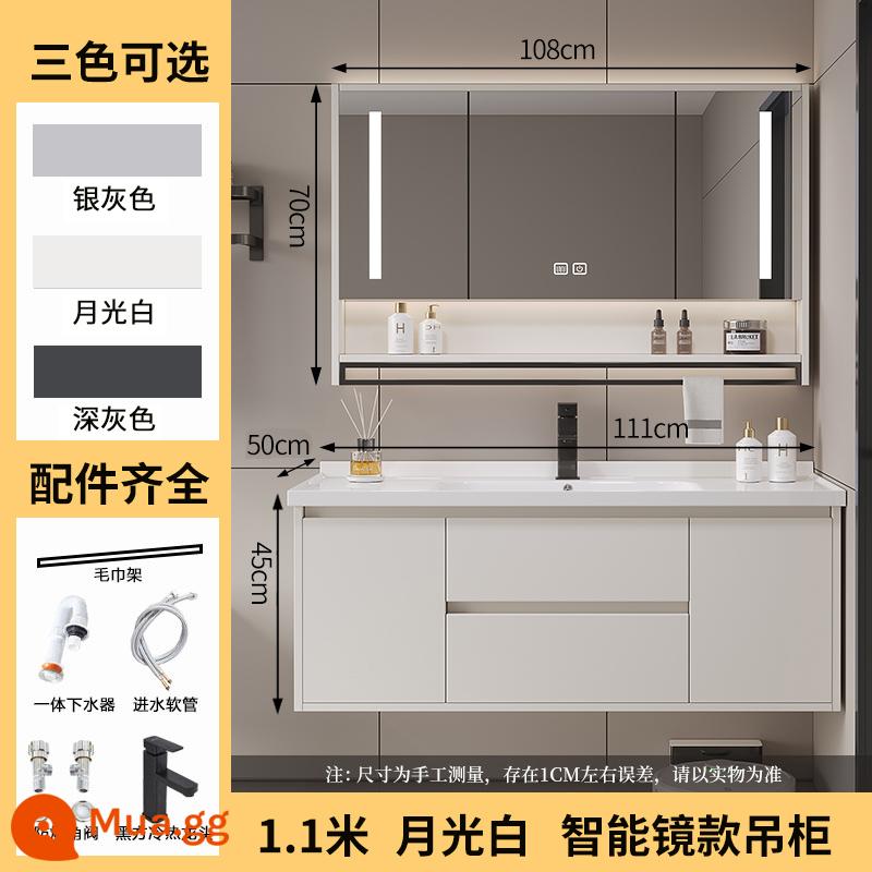 Tủ phòng tắm bằng gỗ nguyên khối thông minh kết hợp gốm sứ tích hợp lưu vực bột phòng chậu rửa tủ chậu rửa bộ tủ - Chậu gốm sứ treo tường thông minh YC Moonlight White 110CM + Khối lập phương lõi đồng màu đen