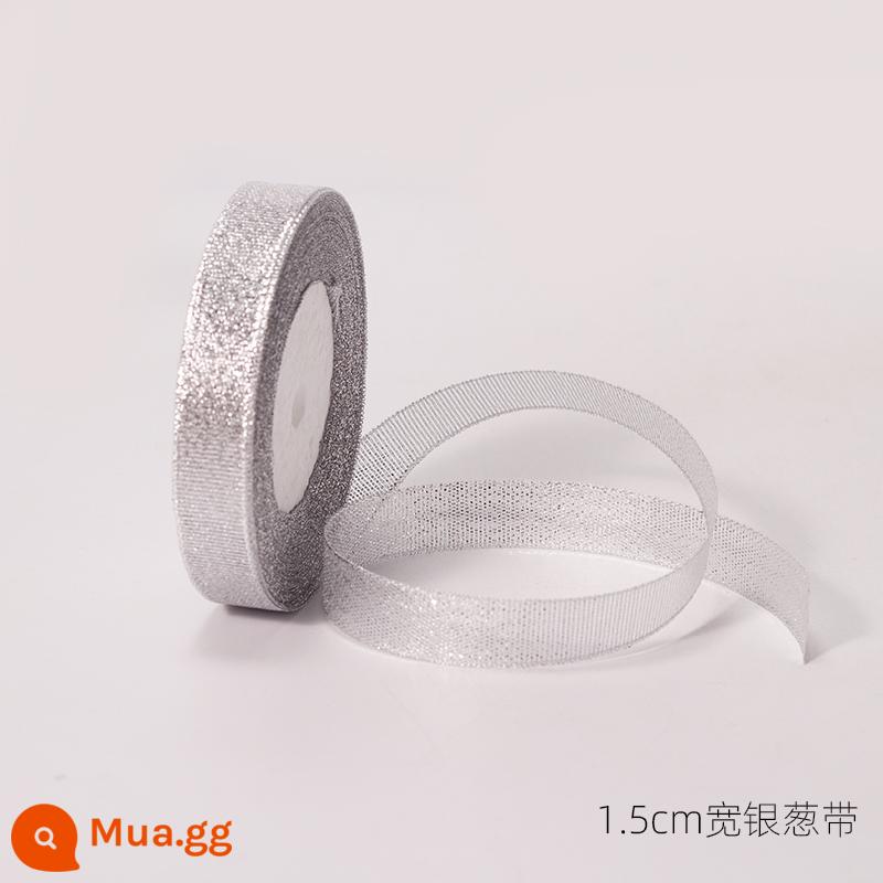 Tiếng Anh ruy băng satin ruy băng có gân bao bì quà tặng hộp quà ruy băng ruy băng dâu tây tháp trang trí bánh ruy băng - 5 cuộn băng dính hành tây bạc rộng 1,5 cm