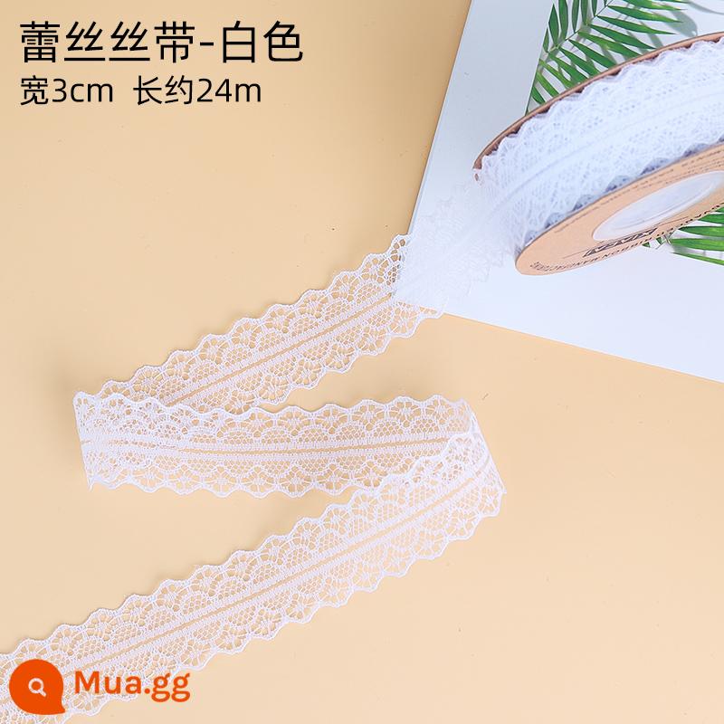 Tiếng Anh ruy băng satin ruy băng có gân bao bì quà tặng hộp quà ruy băng ruy băng dâu tây tháp trang trí bánh ruy băng - Ruy băng ren 3cm màu trắng