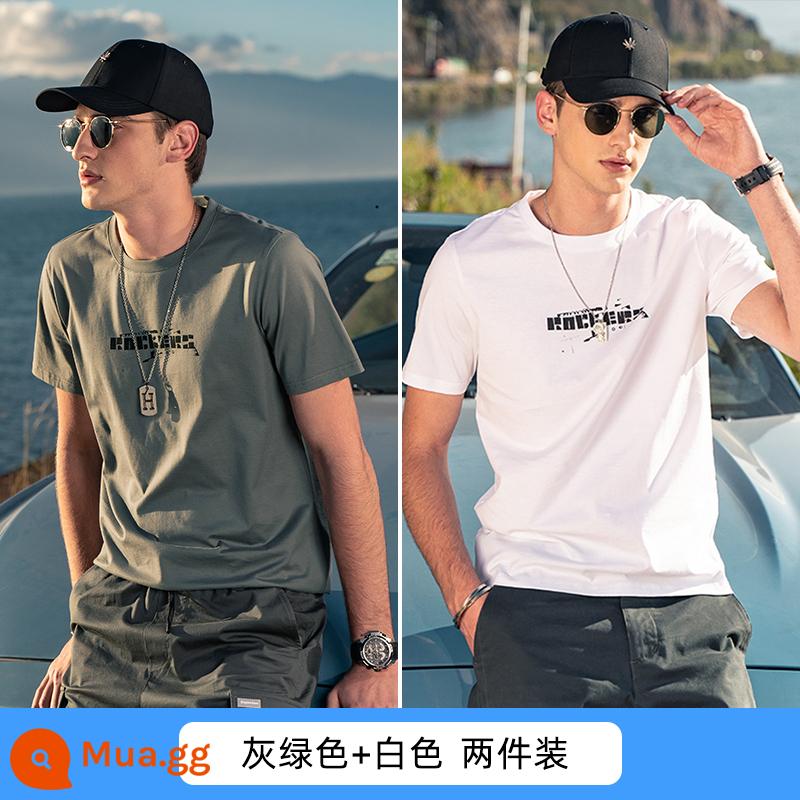 Yingjunlun cotton nam ngắn tay T-shirt thủy triều xu hướng thương hiệu nửa tay chạm đáy áo sơ mi chữ T-shirt quần áo mùa hè cao cấp - Xám xanh + trắng (2 cái)