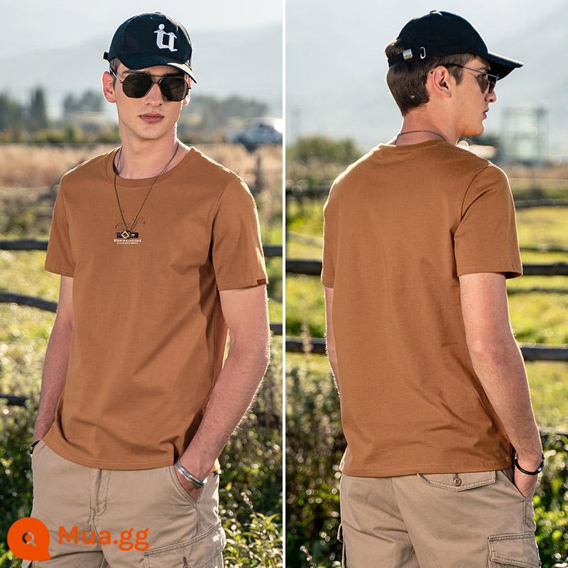 Yingjunlun cotton nam ngắn tay T-shirt thủy triều xu hướng thương hiệu nửa tay chạm đáy áo sơ mi chữ T-shirt quần áo mùa hè cao cấp - T4692 nâu