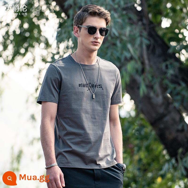 Yingjunlun cotton nam ngắn tay T-shirt thủy triều xu hướng thương hiệu nửa tay chạm đáy áo sơ mi chữ T-shirt quần áo mùa hè cao cấp - Màu xám đen