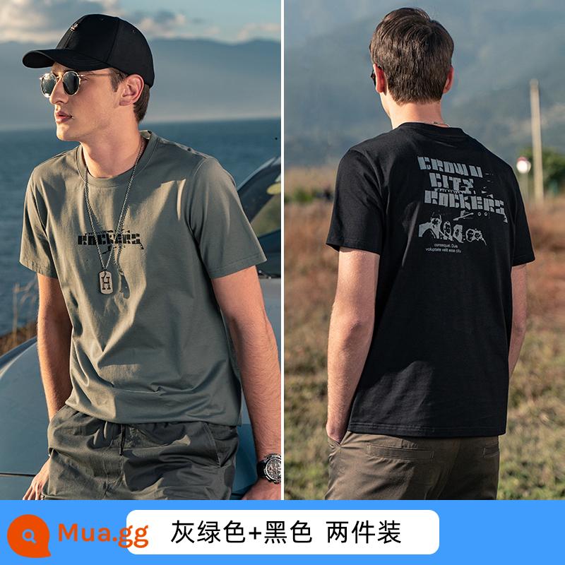 Yingjunlun cotton nam ngắn tay T-shirt thủy triều xu hướng thương hiệu nửa tay chạm đáy áo sơ mi chữ T-shirt quần áo mùa hè cao cấp - Xám xanh + đen (2 cái)