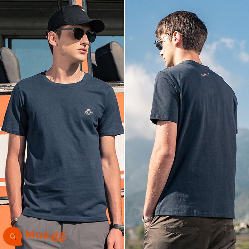 Yingjunlun cotton nam ngắn tay T-shirt thủy triều xu hướng thương hiệu nửa tay chạm đáy áo sơ mi chữ T-shirt quần áo mùa hè cao cấp - T4691 xanh đậm