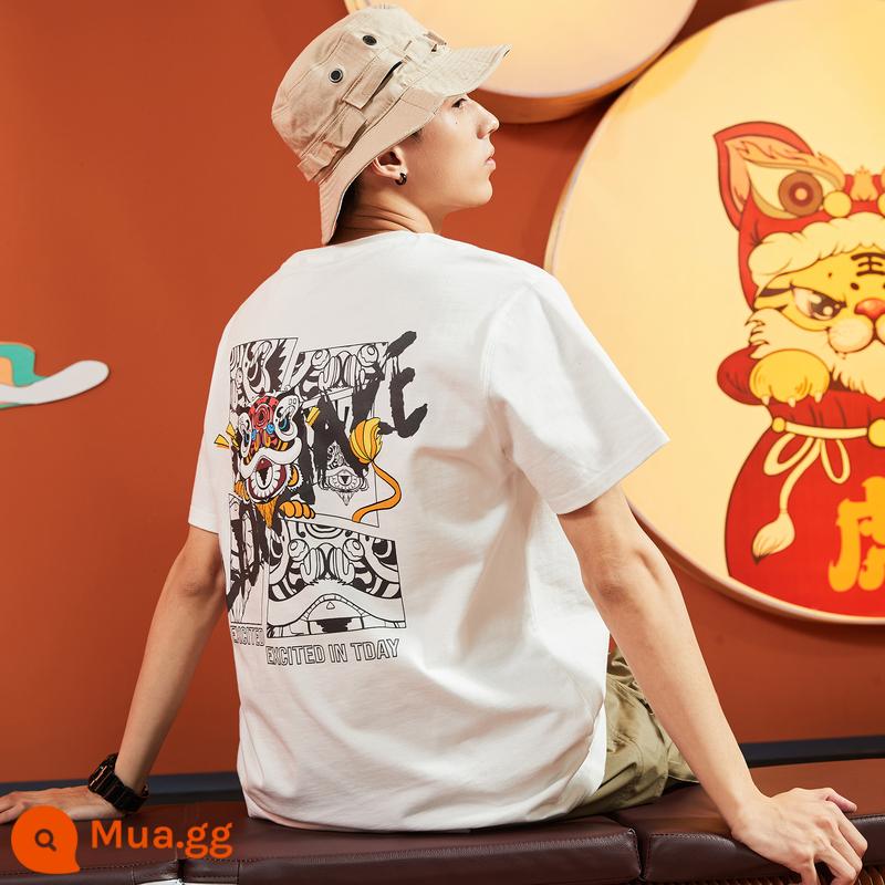 Tang Lion 2023 mùa hè mới áo thun cotton ngắn tay nam họa tiết phong cách dân tộc hợp thời trang rộng rãi quần áo phù hợp với áo sơ mi có đáy - Loại A/trắng