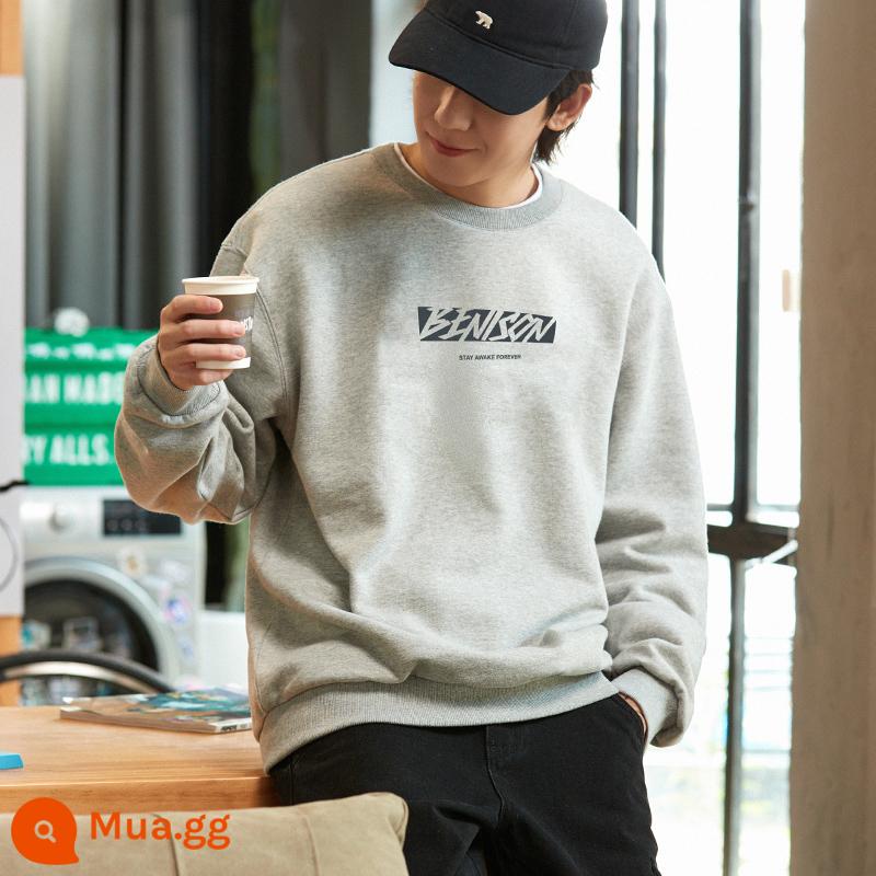 Tangshi 2024 mùa xuân, mùa thu và mùa đông mới áo nhung nam áo hoodie thanh niên Mỹ áo khoác thương hiệu thời trang hàng đầu - Màu xám thạch nhạt/cổ tròn/không có nhung