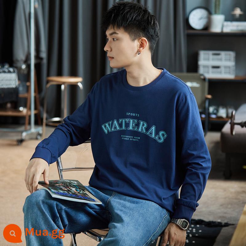 Tang Lion 2022 Spring and Autumn New Chest Text Logo Áo thun dài tay bằng cotton nguyên chất Phong cách giản dị hợp thời trang cho nam Áo sơ mi có đáy đa năng - Loại B/màu xanh đêm