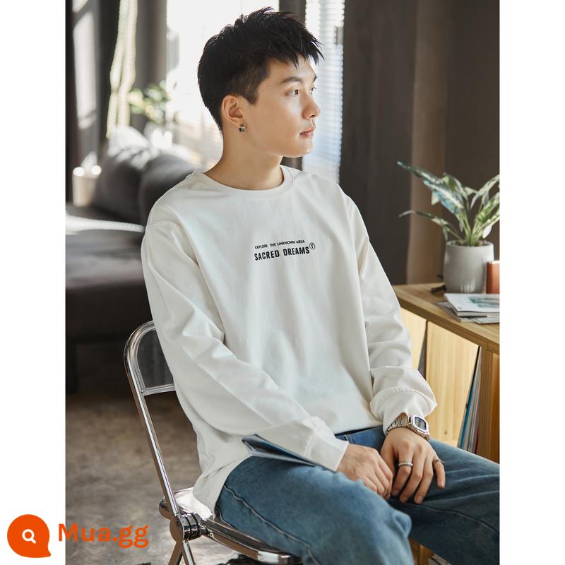 Tang Lion 2022 Spring and Autumn New Chest Text Logo Áo thun dài tay bằng cotton nguyên chất Phong cách giản dị hợp thời trang cho nam Áo sơ mi có đáy đa năng - Màu trắng gốc/Kiểu A