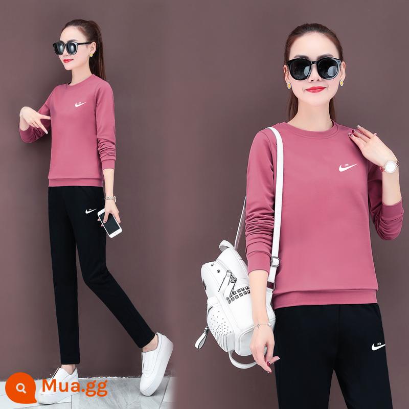 Trang web chính thức quầy thương hiệu bộ quần áo thể thao cotton thường ngày chính hãng cho nữ mùa xuân và mùa thu 2023 bộ hai mảnh chữ T cotton dày mới - Hồng NK818