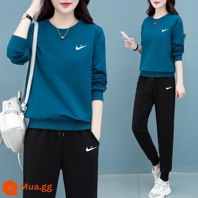 Trang web chính thức quầy thương hiệu bộ quần áo thể thao cotton thường ngày chính hãng cho nữ mùa xuân và mùa thu 2023 bộ hai mảnh chữ T cotton dày mới - Màu xanh WLF9101