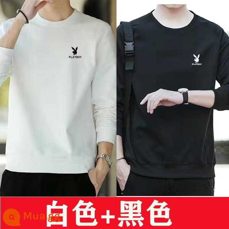 Playboy nguyên chất cotton giản dị cho nam mùa xuân và mùa thu áo thun cổ tròn dài tay áo thun nam nhung đáy áo sơ mi - Trắng + Đen [Pure Cotton 2-Pack] Kiểu thông thường