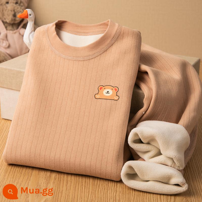 Bộ đồ lót giữ nhiệt trẻ em cộng với nhung và cotton nguyên chất dày dặn Quần áo mùa thu và quần vệ sinh cho bé trai Quần áo bé gái cotton mùa thu đông - Không xương, nhung và dày - màu cà phê