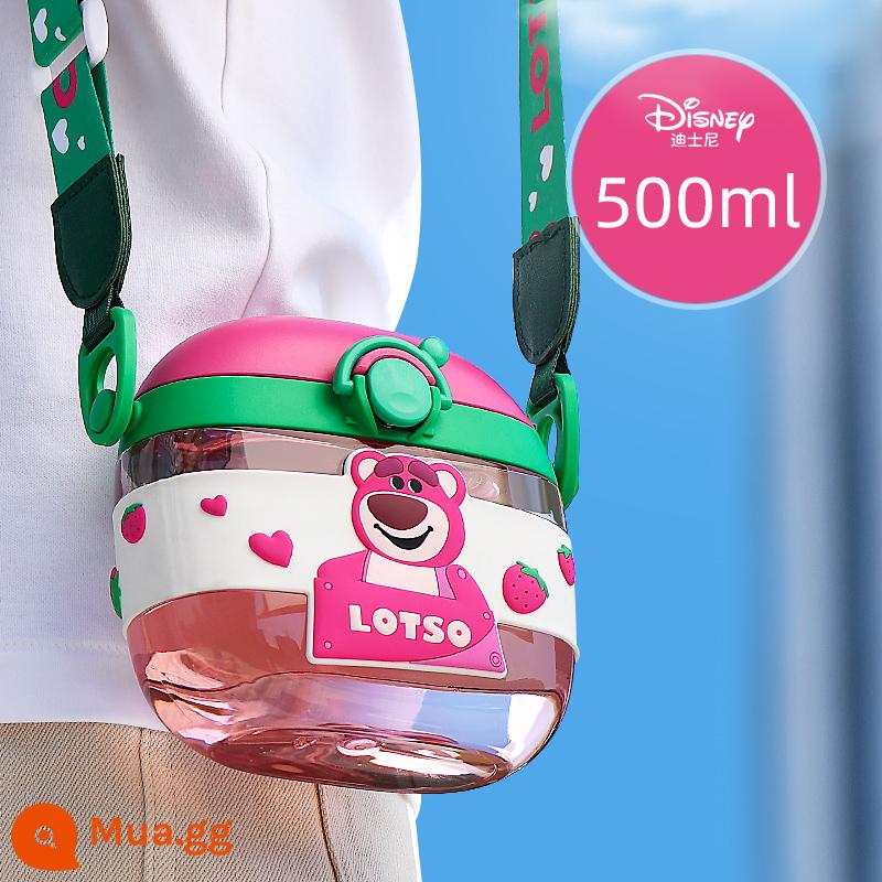 Cốc uống nước Disney trẻ em mùa hè bé trai đi học đặc biệt nữ tiểu học mẫu giáo bé uống nước đôi chống rơi bình nước - Gấu Dâu Hồng 500ML [Loại Ống Hút + Túi Đựng Bé]