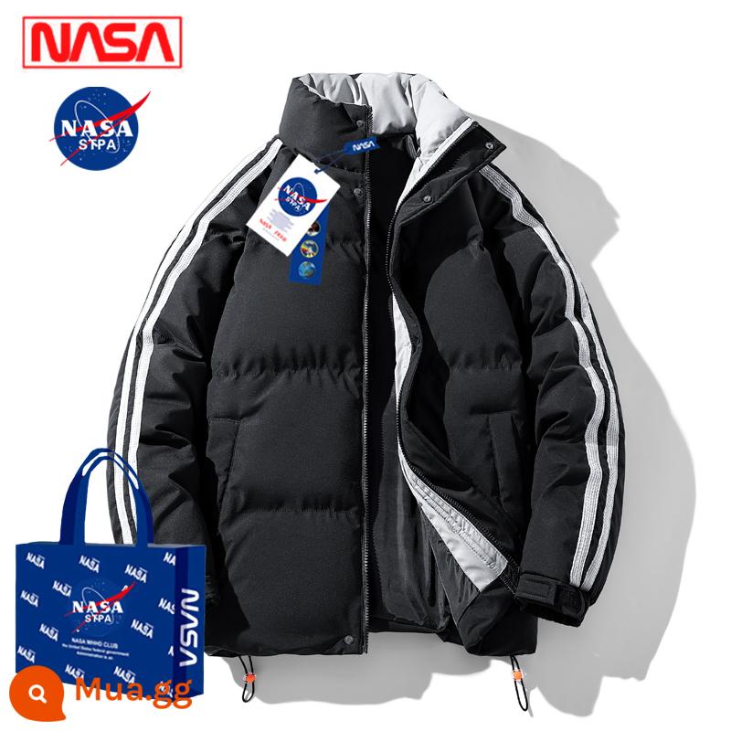 Áo khoác lông vũ đồng thương hiệu của NASA Áo khoác cotton mùa đông nam dày dặn hợp thời trang cỡ lớn cổ đứng áo khoác nam áo khoác nam - Đen [hai sọc] [dày và ấm]