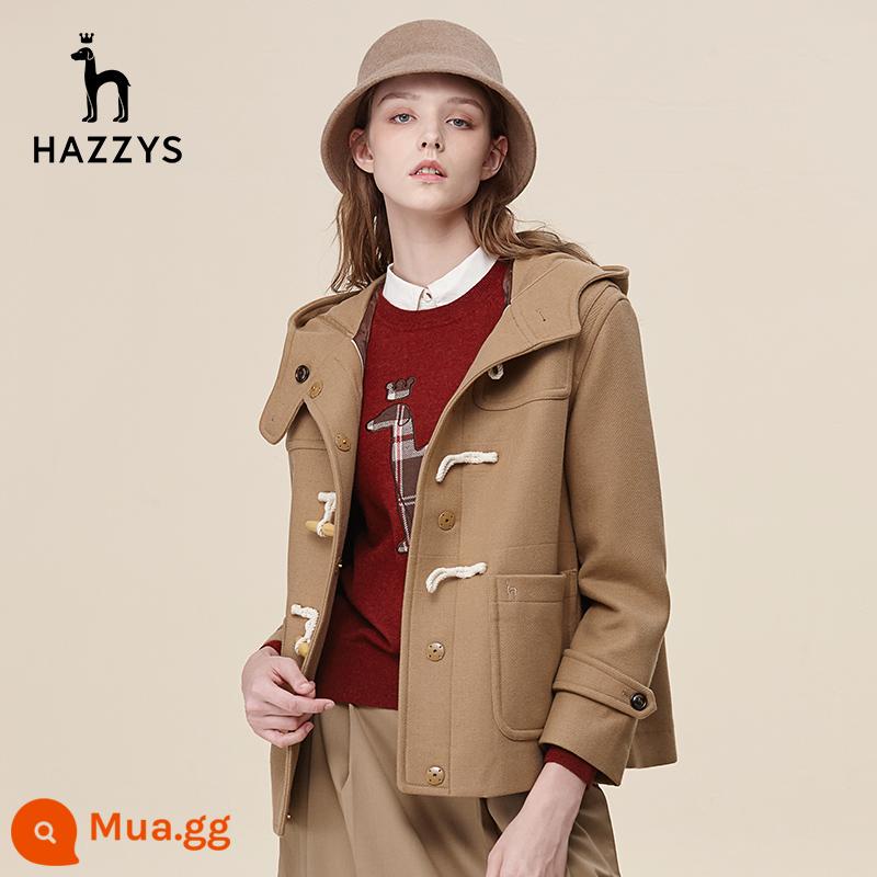 Hazzys Haggis Ngắn Có Mũ Áo Khoác Len Nữ Thu Đông Thường Ngày Phong Cách Anh Quốc Thương Hiệu Áo Khoác Len - Be