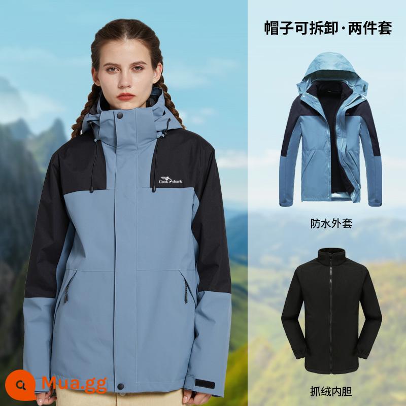 Thương hiệu lớn cùng phong cách 2022 New Cook Shark Jacket nam nữ ba trong một có thể tháo rời cộng nhung dày dặn chống gió chống thấm nước - Màu xanh khói của phụ nữ