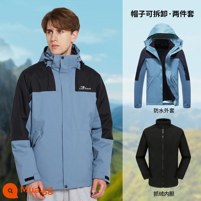 Thương hiệu lớn cùng phong cách 2022 New Cook Shark Jacket nam nữ ba trong một có thể tháo rời cộng nhung dày dặn chống gió chống thấm nước - Màu xanh khói nam