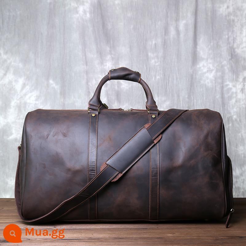 Túi Du Lịch Da Ngựa Phong Cách Retro Nam Da Bò Lớp Đầu Tiên Di Động Tập Thể Hình Đầu Máy Duffle Túi Dung Tích Lớn Túi Du Lịch Công Tác - Màu nâu sẫm (cỡ lớn)