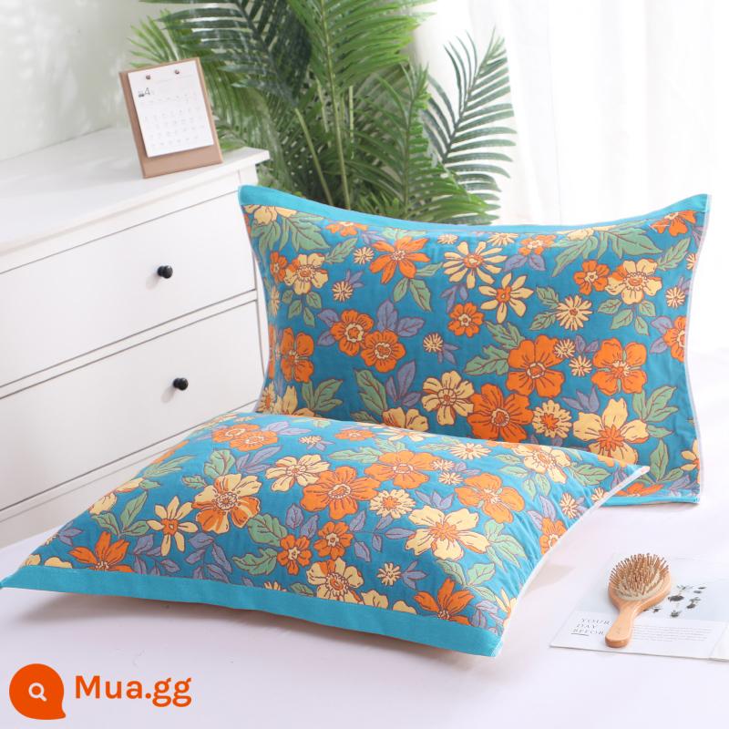 Khăn gối cotton nguyên chất cotton gạc dày vài gối đầu khăn một đôi người lớn Plus bốn mùa gối đơn bao khăn - Molan xanh 1 đôi