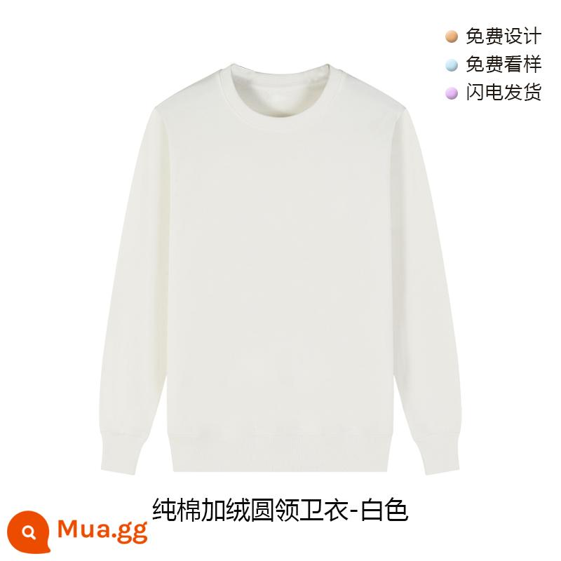 Áo thun cotton nguyên chất có in logo theo yêu cầu, quần áo làm việc bằng nhung mùa thu đông, đồng phục cổ tròn tùy chỉnh, tay dài, quần áo làm việc in theo yêu cầu - Trắng cộng với nhung