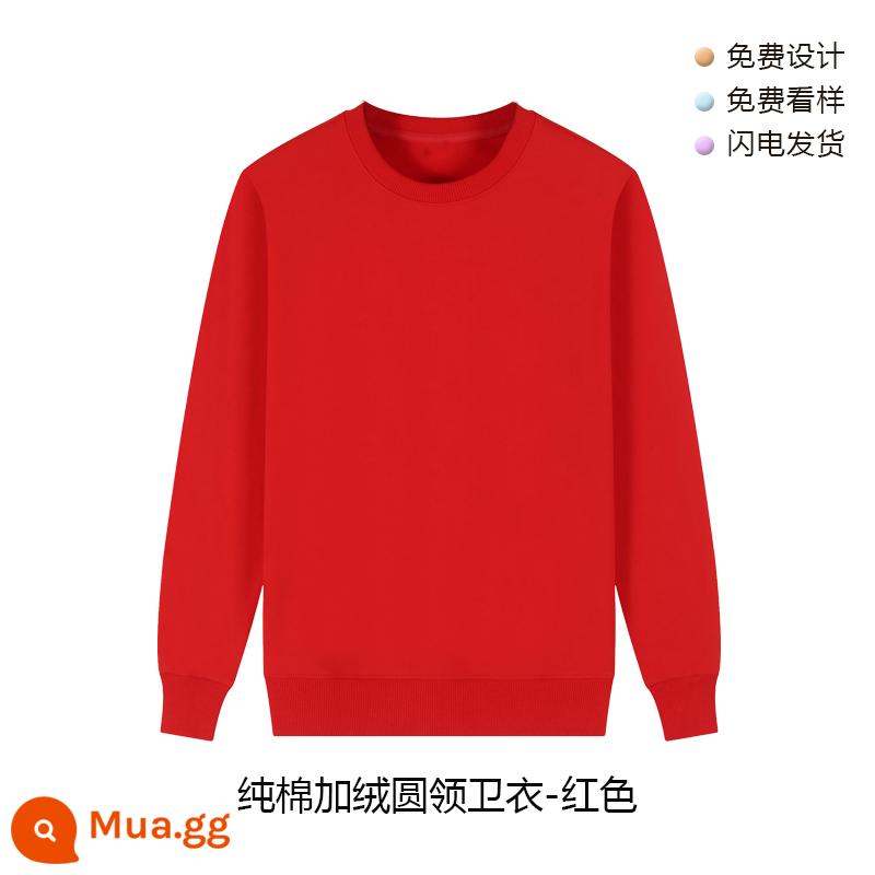 Áo thun cotton nguyên chất có in logo theo yêu cầu, quần áo làm việc bằng nhung mùa thu đông, đồng phục cổ tròn tùy chỉnh, tay dài, quần áo làm việc in theo yêu cầu - lông cừu đỏ