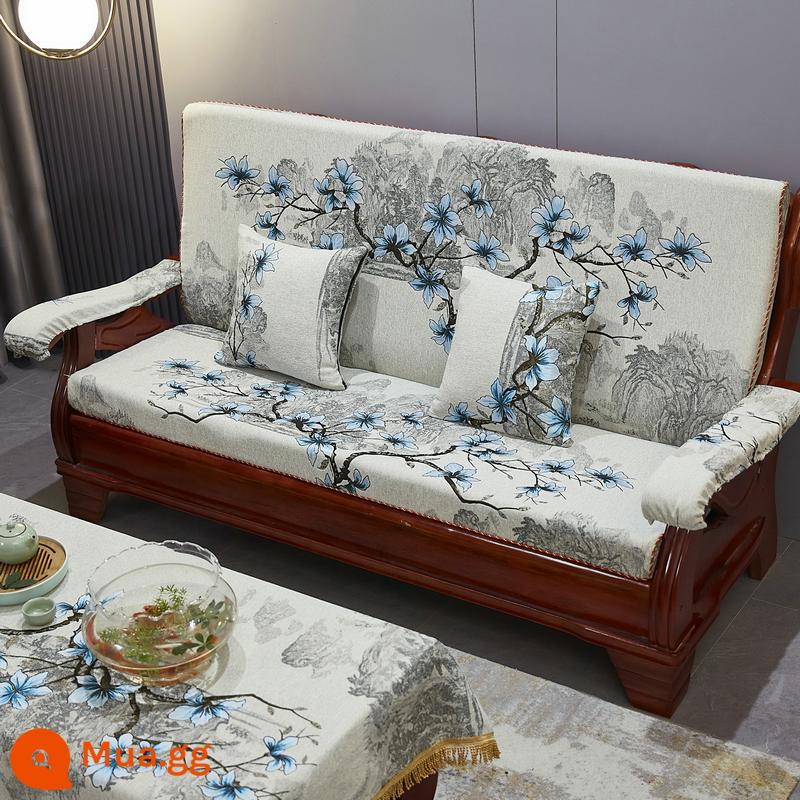 Đệm sofa gỗ gụ kiểu cũ bằng gỗ chắc chắn, ghế mùa xuân và mùa thu, ba người có tựa lưng, đệm xốp mật độ cao của Trung Quốc - Hoa phong lan có màu trắng nhạt