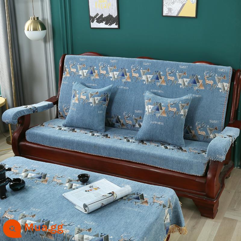 Đệm sofa gỗ gụ kiểu cũ bằng gỗ chắc chắn, ghế mùa xuân và mùa thu, ba người có tựa lưng, đệm xốp mật độ cao của Trung Quốc - hươu sika màu xanh nhạt màu xanh nhạt