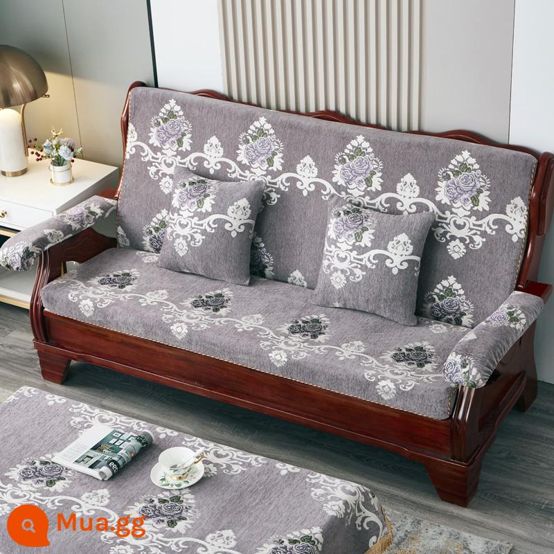 Đệm sofa gỗ gụ kiểu cũ bằng gỗ chắc chắn, ghế mùa xuân và mùa thu, ba người có tựa lưng, đệm xốp mật độ cao của Trung Quốc - Trái tim tím đậm đến trái tim