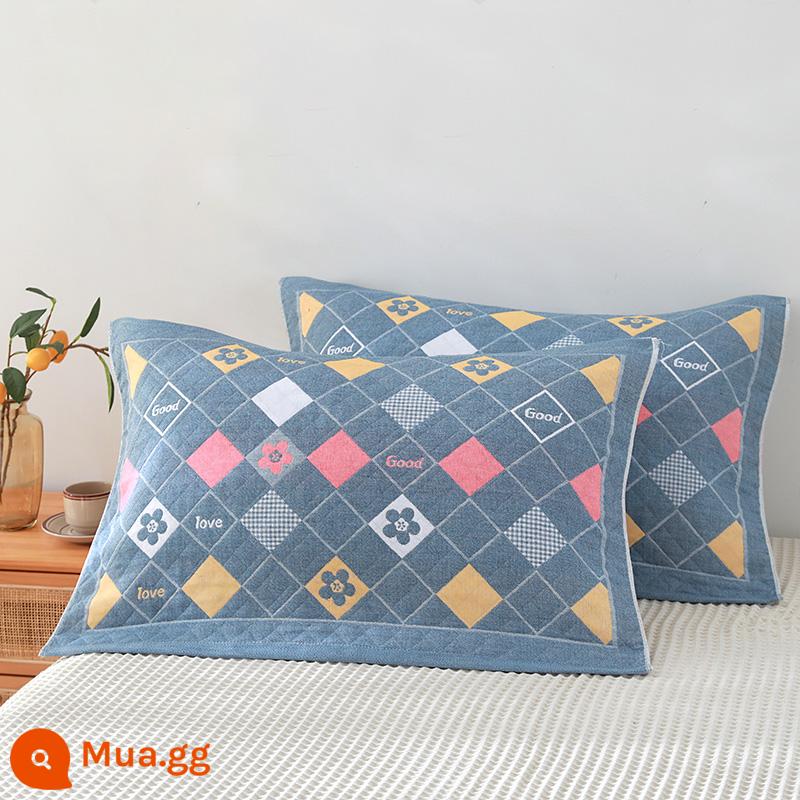 Khăn gối cotton nguyên chất cotton gạc dày vài gối đầu khăn một đôi người lớn Plus bốn mùa gối đơn bao khăn - Màu xanh kim cương đầy màu sắc 1 đôi