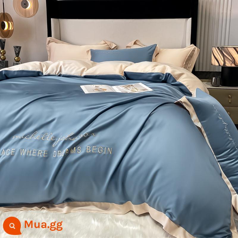 Lụa Băng Bộ 4 Món Nhẹ Sang Trọng Cao Cấp Mùa Hè Giường Vỏ Chăn Lụa Tencel Trang Bị Tấm 3 bộ Chăn Ga Gối - Lisa-Bentley Blue (Phong cách lụa băng)