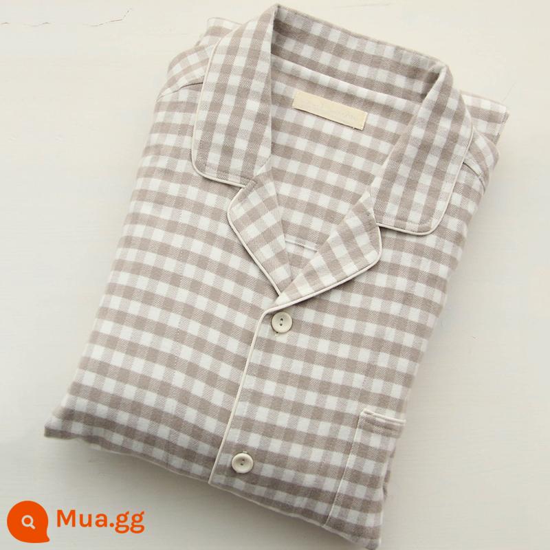 Nguyên chất Nhật Bản cotton chải nhung xuân thu cổ điển sọc dài tay quần cặp đôi Bộ đồ ngủ mùa thu 2 quần áo mặc ở nhà - Áo khoác nam màu xám 8169