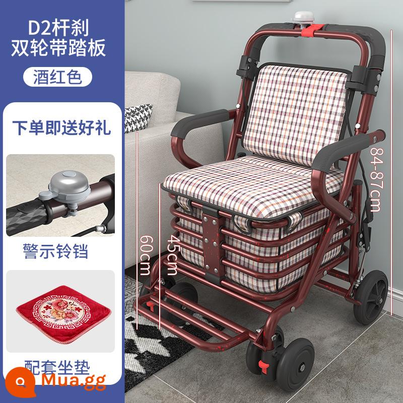 Xe trượt scooter dành cho người lớn di động dành cho người lớn tuổi, xe đẩy đựng đồ bốn bánh để mua hàng tạp hóa, xe đẩy hàng có thể gập lại, xe lăn - Không cần lắp đặt - Bánh xe đôi phanh đòn bẩy D2 có chuông và bàn đạp - màu đỏ rượu vang