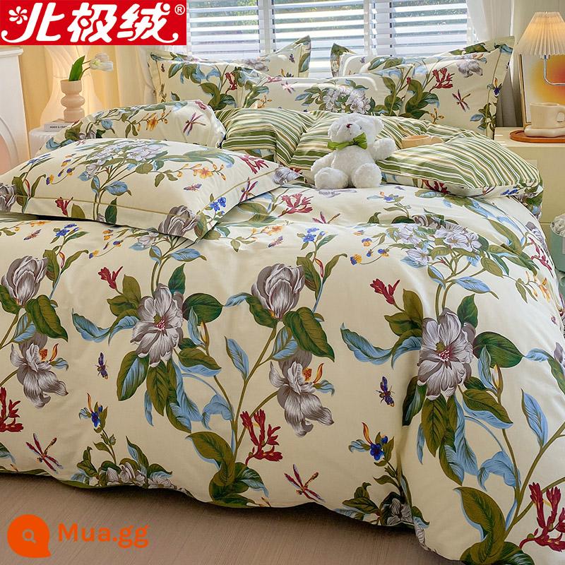 Nhung Bắc Cực Giường Bốn Bộ Cotton Nguyên Chất 100 Tờ Vỏ Chăn 3 Trang Bị Tấm Đơn Giản Chăn Ga Gối Mùa Đông 4 - Hoa Novi nở rộ