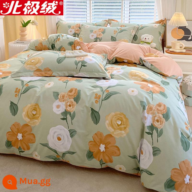 Nhung Bắc Cực Giường Bốn Bộ Cotton Nguyên Chất 100 Tờ Vỏ Chăn 3 Trang Bị Tấm Đơn Giản Chăn Ga Gối Mùa Đông 4 - Lan Chí