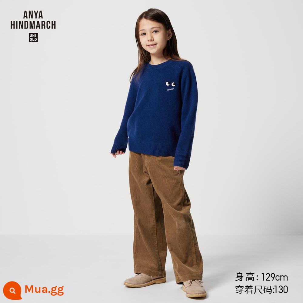 Quần áo trẻ em Uniqlo ANYA HINDMARCH Áo len cổ tròn lông cừu mềm (áo len cha mẹ và con) 468655 - 68 màu xanh đậm