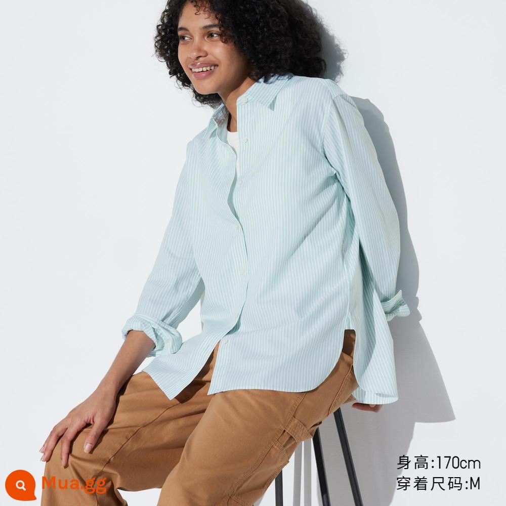 Uniqlo muối biển áo sơ mi nữ cao cấp dài chủ lực cotton sọc áo khoác áo sơ mi giản dị 464805 - 51 xanh nhạt