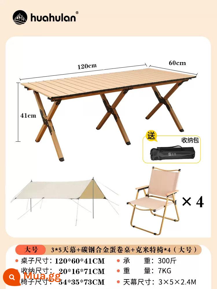 Ghế gấp ngoài trời, Ghế đặc biệt Picnic Picnic di động - 3*5 mái che+bàn trứng cuộn hợp kim thép carbon 120cm+ghế kaki lớn*4