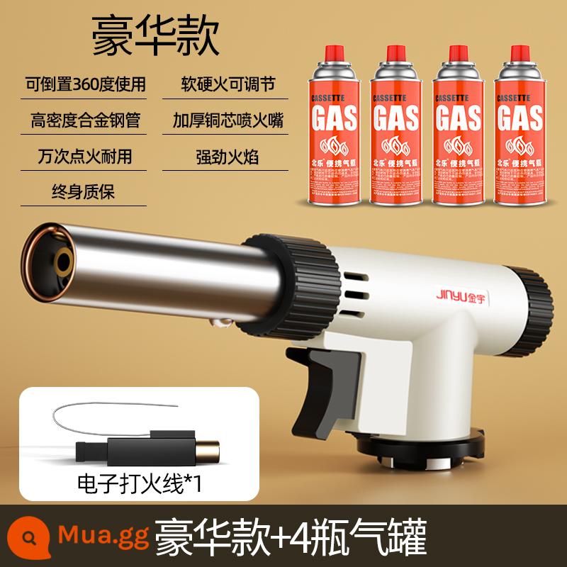 Jinyu súng phun súng hàn lửa súng kẹp tóc bình gas đốt lông lợn súng phun lửa phun rang súng đánh lửa gas - Model màu trắng sang trọng (có thể đảo chiều + lửa mềm và lửa cứng + điều chỉnh công suất lửa) + 4 bình gas