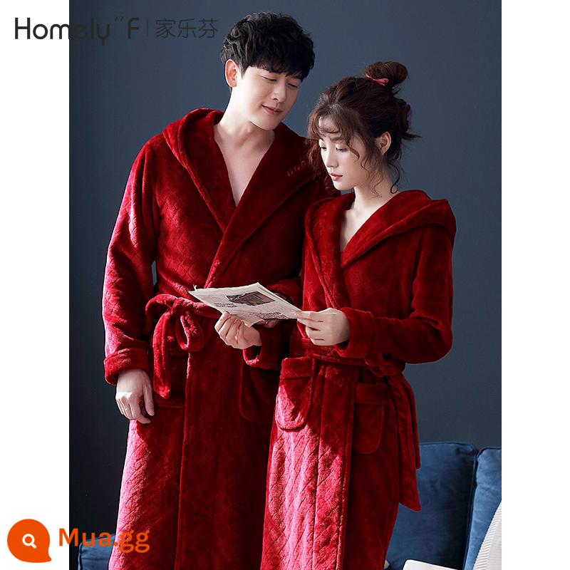 Knorr Fen Pyjamas Áo Ngủ Nam Thu Đông Nam Nỉ San Hô Dày Plus Nhung Flannel Áo Tắm Phiên Bản Dài - A98718 màu đỏ