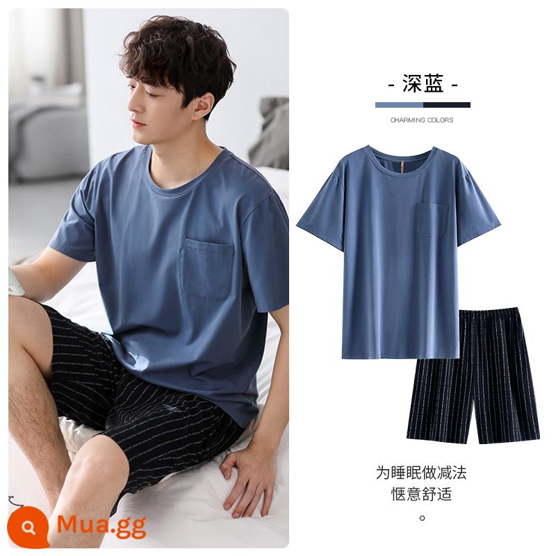 Bộ đồ ngủ Carrefour nam cotton mùa hè ngắn tay phục vụ tại nhà nam mùa hè mỏng mùa hè size lớn phù hợp với - A924206 màu xanh đậm