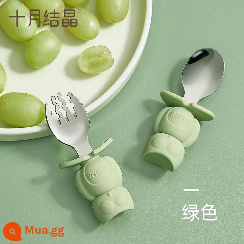 Tháng 10 thìa kết tinh cho bé thìa silicone mềm cho trẻ sơ sinh nước ăn thìa nhỏ bộ đồ ăn trẻ em thức ăn không chủ lực đầu mềm - Nĩa inox màu xanh lá cây