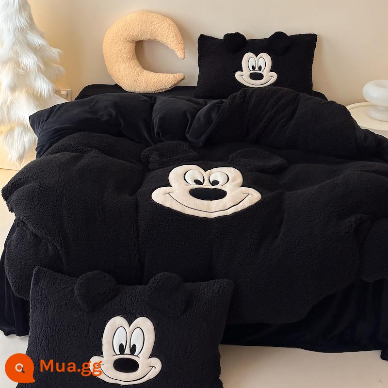 Disney Dâu Gấu Thu Đông Dày Thịt Cừu Nhung Sữa Ấm Giường 4 Bộ Dép Nỉ Nhung San Hô - [Sheep Velvet] Mickey-Black Tặng kèm 1 gối