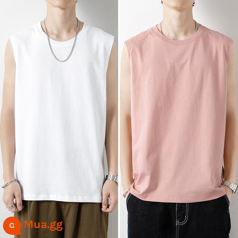 Áo vest cotton áo khoác ngoài hợp thời trang cho nam có đáy rộng áo vest bóng rổ thể dục thể thao có tay áo cắt Áo phông không tay vai rộng màu trắng chữ W - Cotton nguyên chất 1000 trắng + hồng