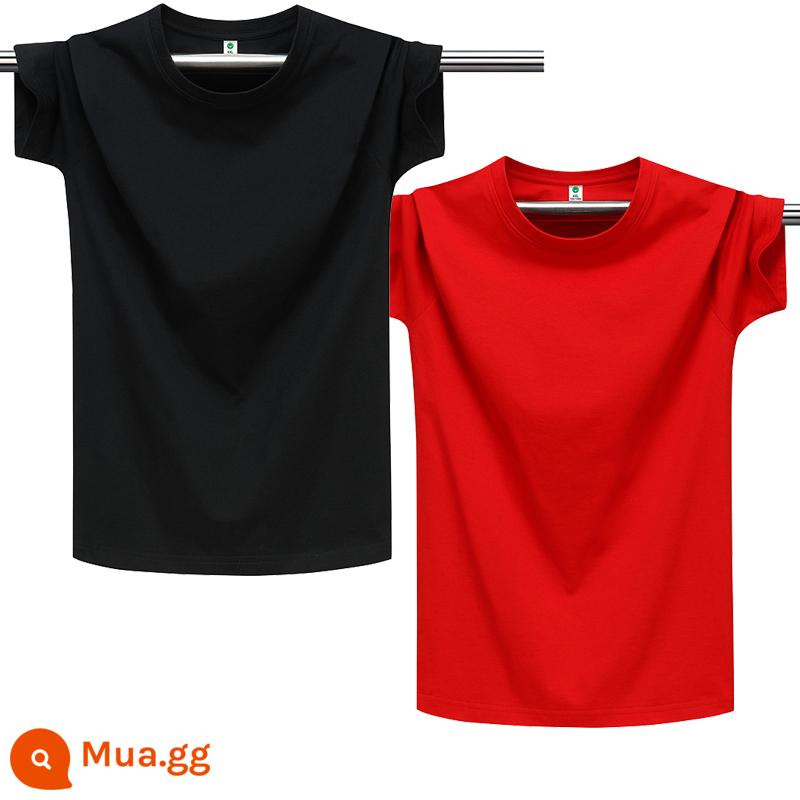 100% cotton chải kỹ màu trơn áo thun nam ngắn tay cổ tròn dáng rộng cỡ lớn nửa tay áo thun nhẹ ban mùa hè T triều - Đen thuần khiết + đỏ thuần