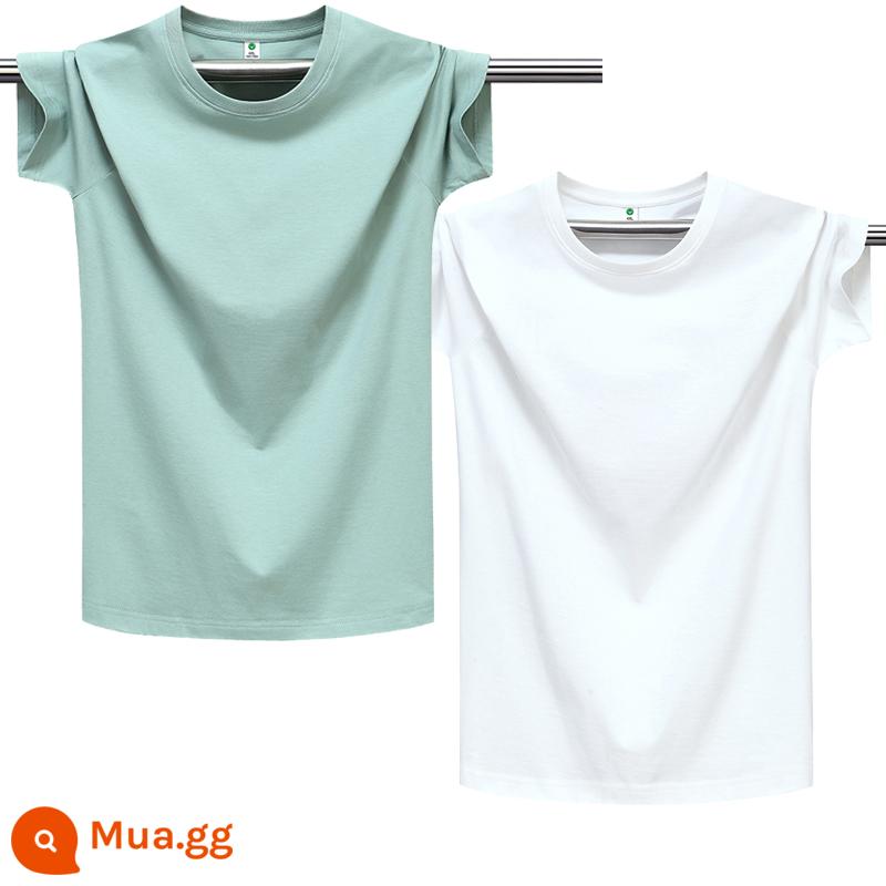 100% cotton chải kỹ màu trơn áo thun nam ngắn tay cổ tròn dáng rộng cỡ lớn nửa tay áo thun nhẹ ban mùa hè T triều - Đậu xanh nguyên chất + trắng tinh khiết