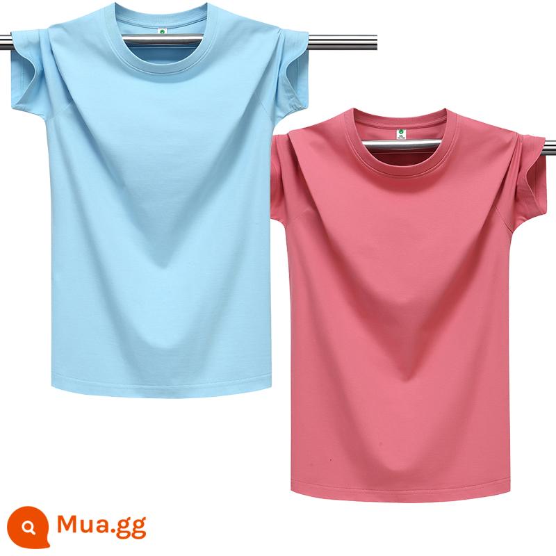 100% cotton chải kỹ màu trơn áo thun nam ngắn tay cổ tròn dáng rộng cỡ lớn nửa tay áo thun nhẹ ban mùa hè T triều - Xanh nhạt thuần khiết + đỏ dưa hấu thuần khiết