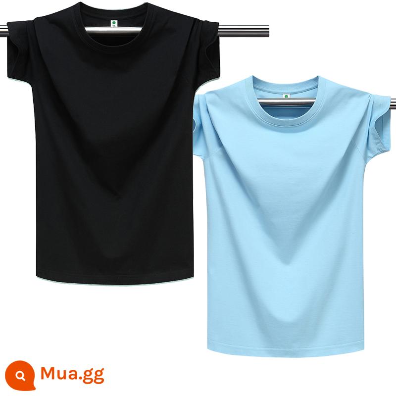 100% cotton chải kỹ màu trơn áo thun nam ngắn tay cổ tròn dáng rộng cỡ lớn nửa tay áo thun nhẹ ban mùa hè T triều - Đen thuần khiết + xanh nhạt thuần khiết