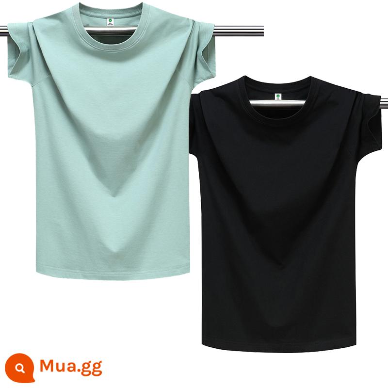 100% cotton chải kỹ màu trơn áo thun nam ngắn tay cổ tròn dáng rộng cỡ lớn nửa tay áo thun nhẹ ban mùa hè T triều - Đậu xanh nguyên chất + đen nguyên chất