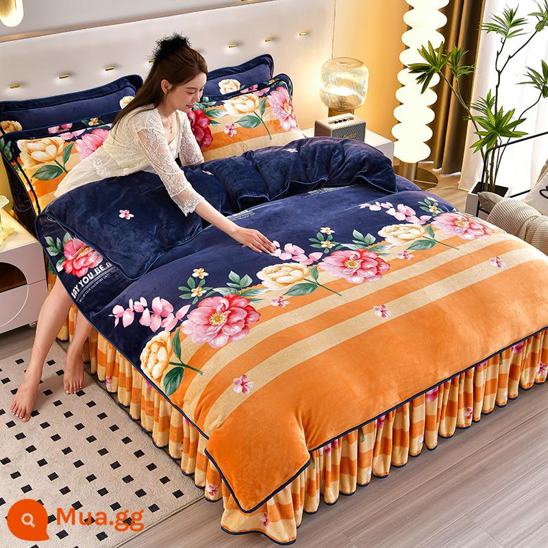 Váy nhung nhung dày Velvet Velvet Velvet Velvet đôi được đặt với Fanri Velvet và Velvet Winter Bedding - Hoa mẫu đơn màu xanh đậm b